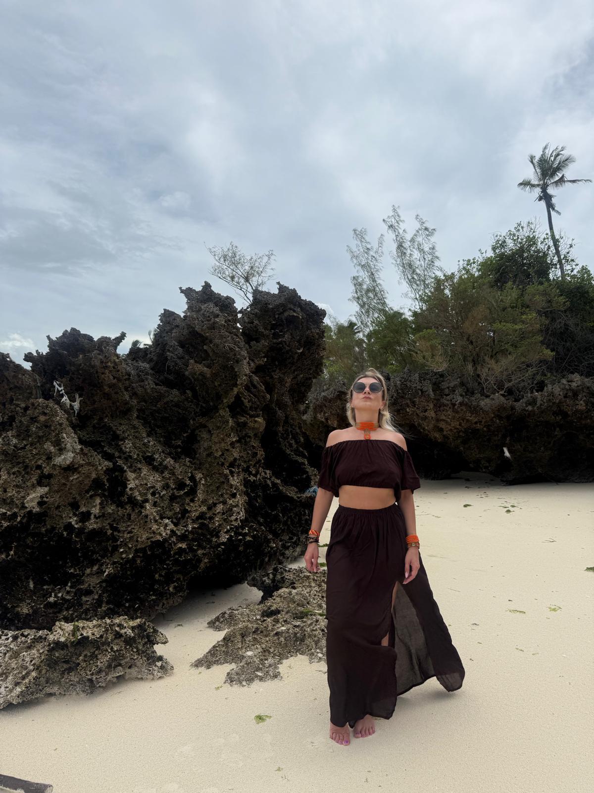 Off-Shoulder Top & Skirt Dark Chocolate