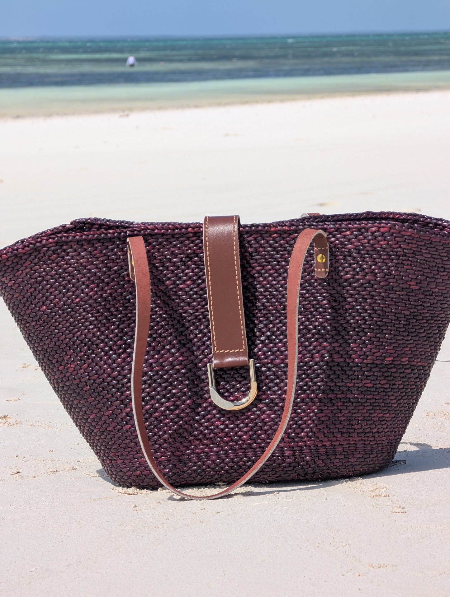 Handwoven Milulu Grass Bag – Burgundy with Leather Strap ..