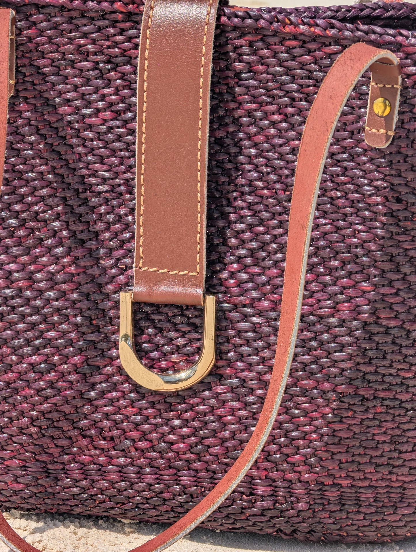 Handwoven Milulu Grass Bag – Burgundy with Leather Strap ..