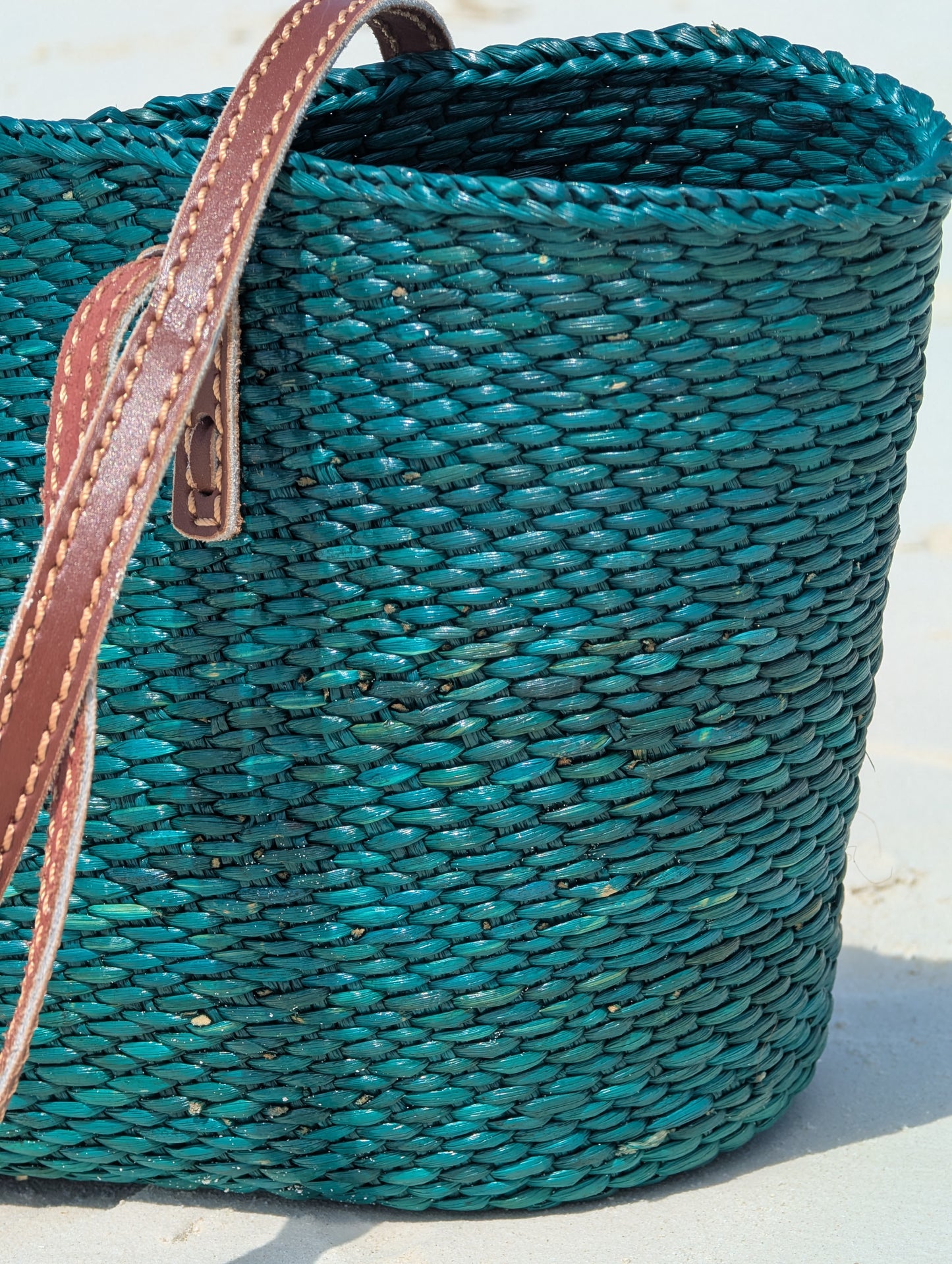 Handwoven Milulu Grass Bag – Deep Teal with Leather Straps