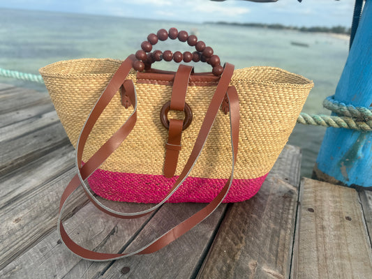 Large Handmade Milulu Grass Bag – Leather Straps, Wooden Beads, African Craftsmanship