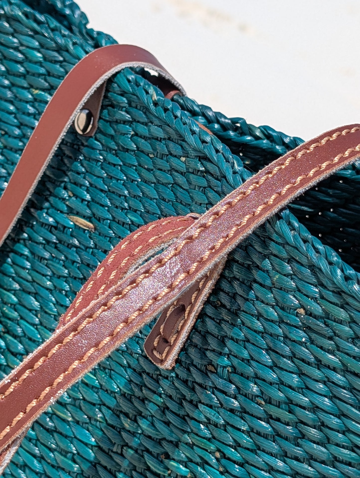 Handwoven Milulu Grass Bag – Deep Teal with Leather Straps