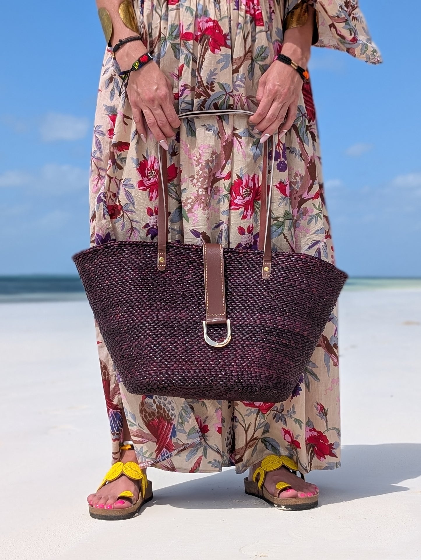 Handwoven Milulu Grass Bag – Burgundy with Leather Strap ..