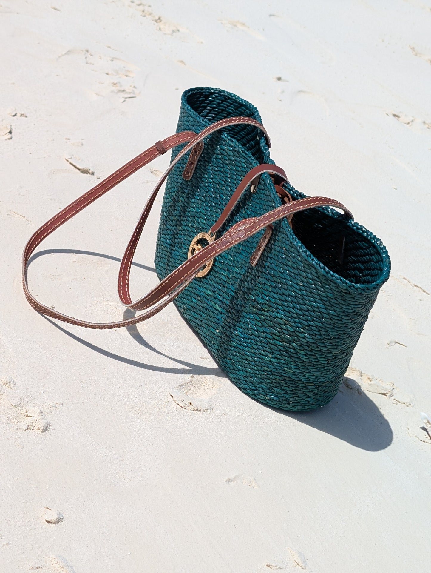 Handwoven Milulu Grass Bag – Deep Teal with Leather Straps