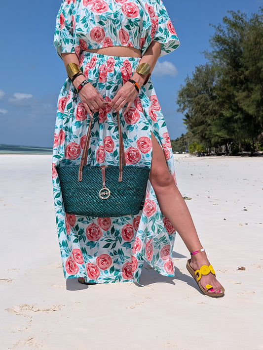 Handwoven Milulu Grass Bag – Deep Teal with Leather Straps