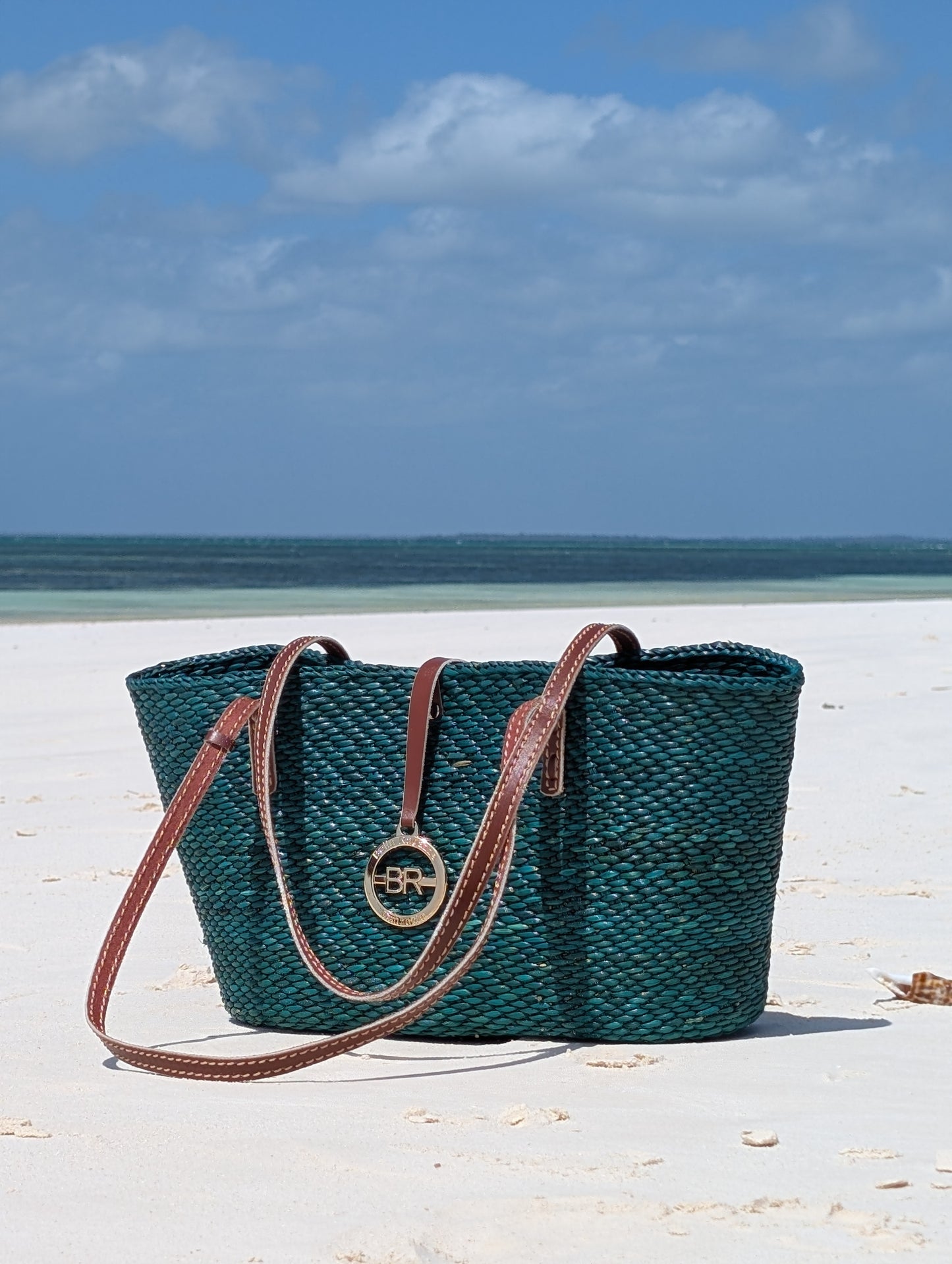 Handwoven Milulu Grass Bag – Deep Teal with Leather Straps
