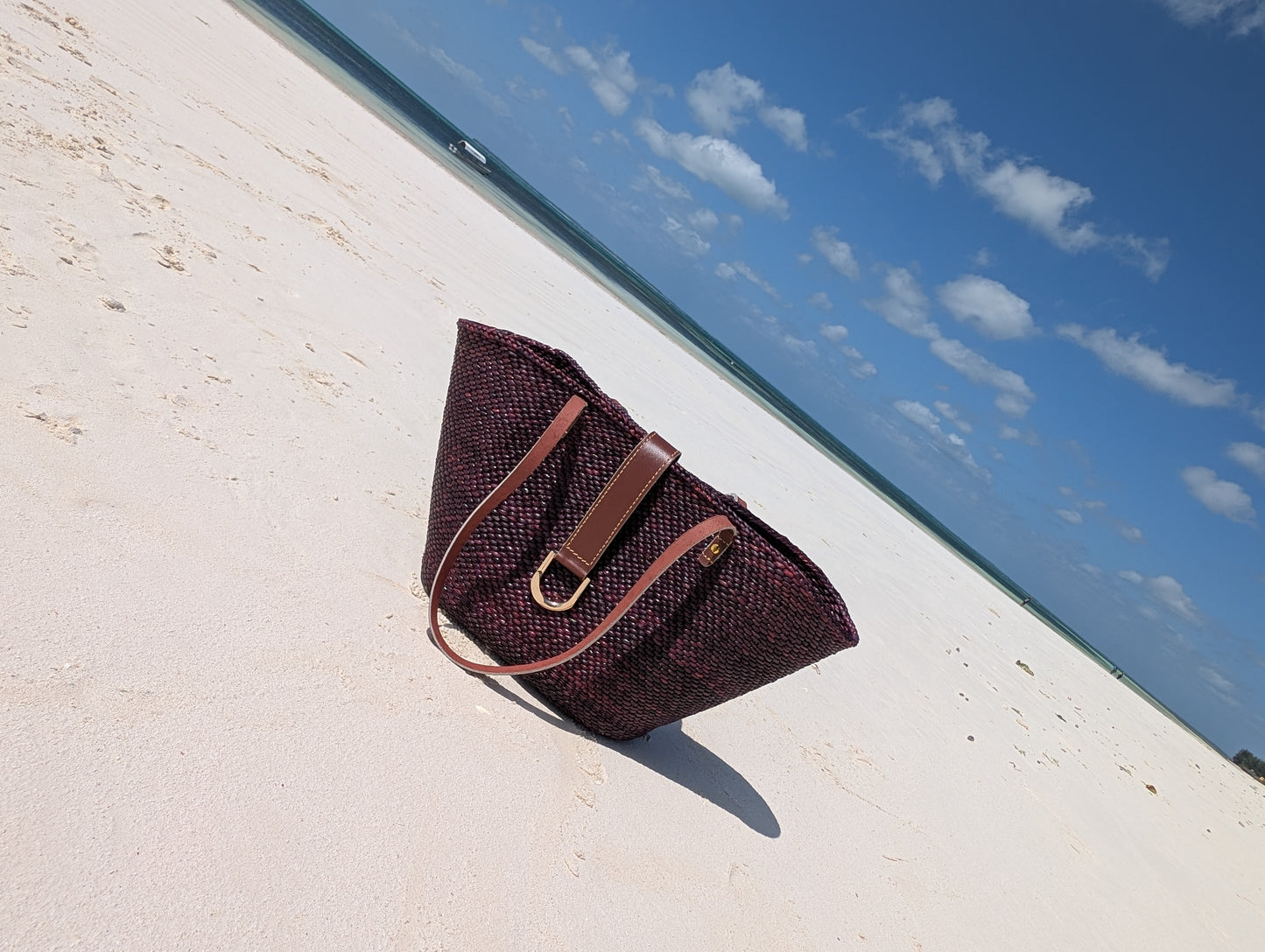Handwoven Milulu Grass Bag – Burgundy with Leather Strap ..