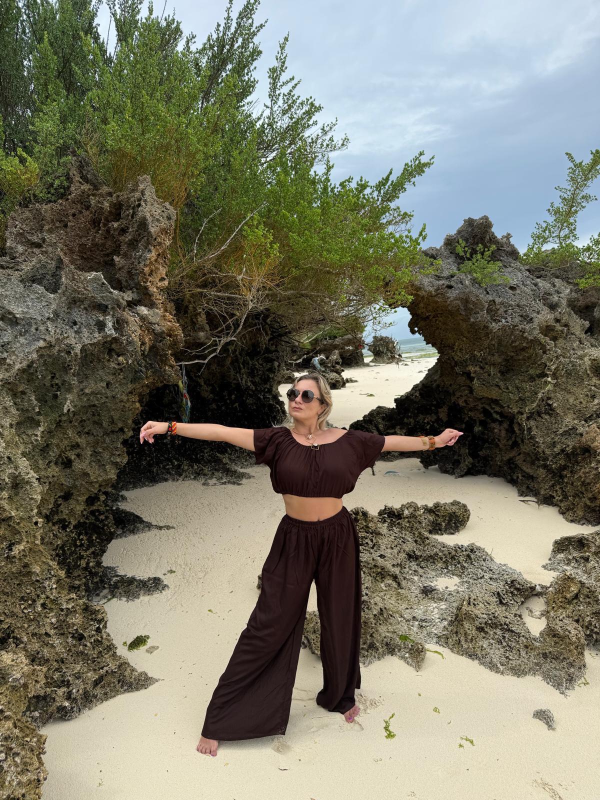 Off-Shoulder Top & Pants Dark Chocolate